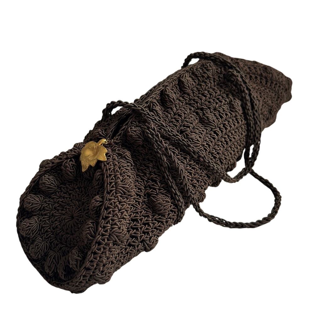 1940s Vintage Brown Cordé Crochet Handbag Gold Leaf Pull Double Handle 14”